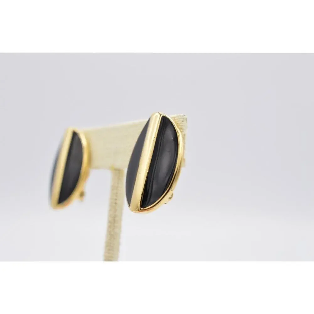 Swarovski Vintage Clip On Earrings Gold Black Enamel Chunky D.S. Co Signed BinAB